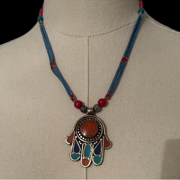 HANDMADE TIBETAN CORAL, TURQUOISE, & LAPIS HAMSA NECKLACE - Picture 5 of 5